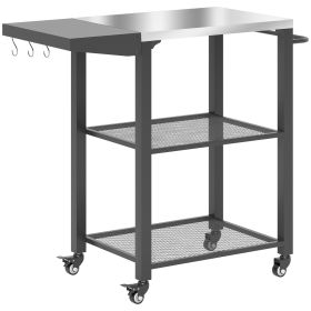 Three-Shelf Outdoor Grill Cart Table with Foldable Side Table, Stainless Steel Top Pizza Oven Stand with Hooks, Silver
