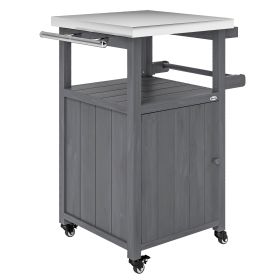Outdoor Grill Cart with Stainless Steel Top, Solid Wood Outdoor Kitchen Island with Wheels, Integrated Hole, Dark Gray
