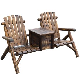 Adirondack Double Chair Loveseat with Ice Bucket, Wooden Rustic Outdoor Patio Furniture, Weather-Resistant