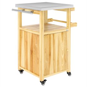 Outdoor Grill Cart w/ Stainless Steel Top, Solid Wood Outdoor Kitchen Island w/ Wheels, Integrated Hole, Natural Wood
