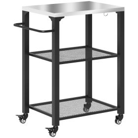 3-Shelf Outdoor Grill Cart with Stainless Steel Tabletop, Movable Pizza Oven Table with Hooks, Side Handle, Wheels