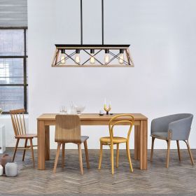 32" Oak Industrial 5-Light Pendant Chandelier, Modern Metal Cage Design, Adjustable Hanging Light for Dining Room, Kitchen, Living Room (No Bulbs